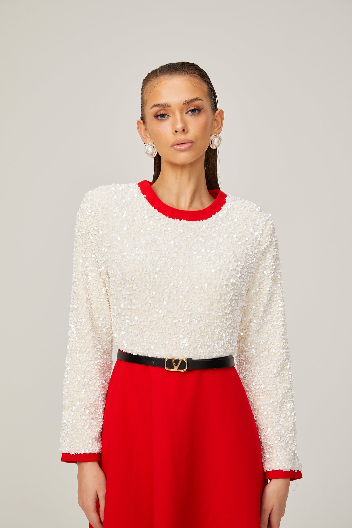 Chloé Kırmızı Uzun Kollu Pullu Patchwork Midi Elbise
