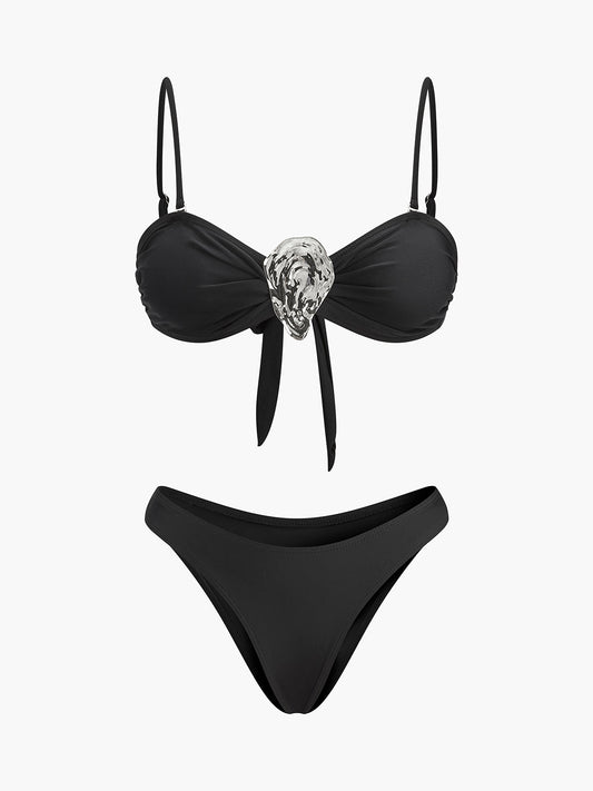 Metal Vurgulu Önden Bağlamalı Bikini Takımı