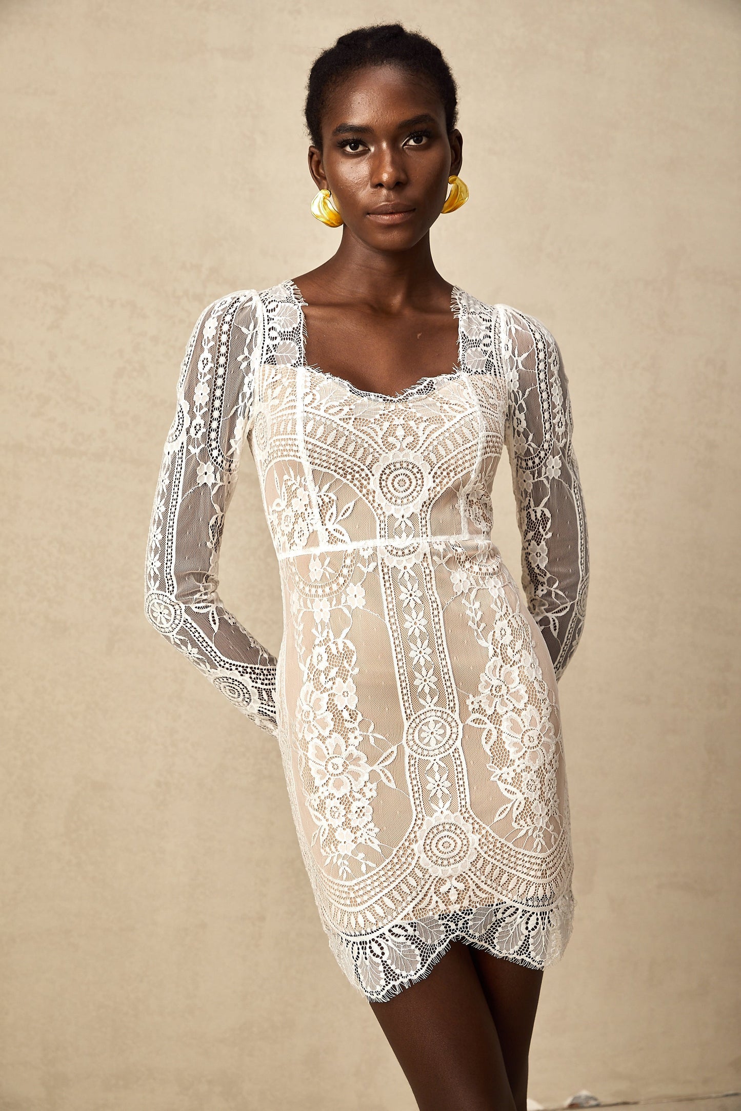 Blanche Fistolu Dantel Mini Elbise