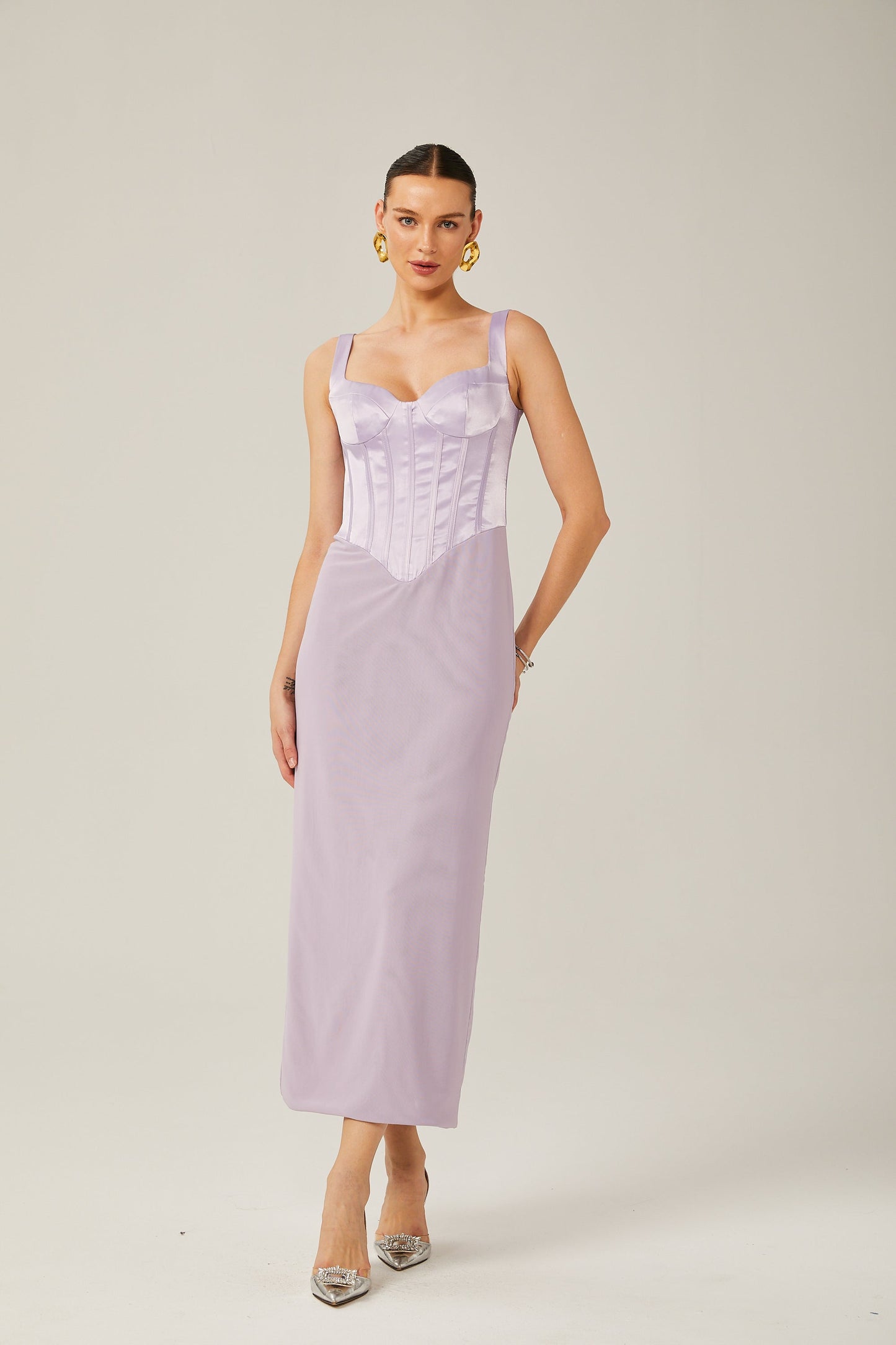 Amelina Mor Saten Korse Midi Elbise