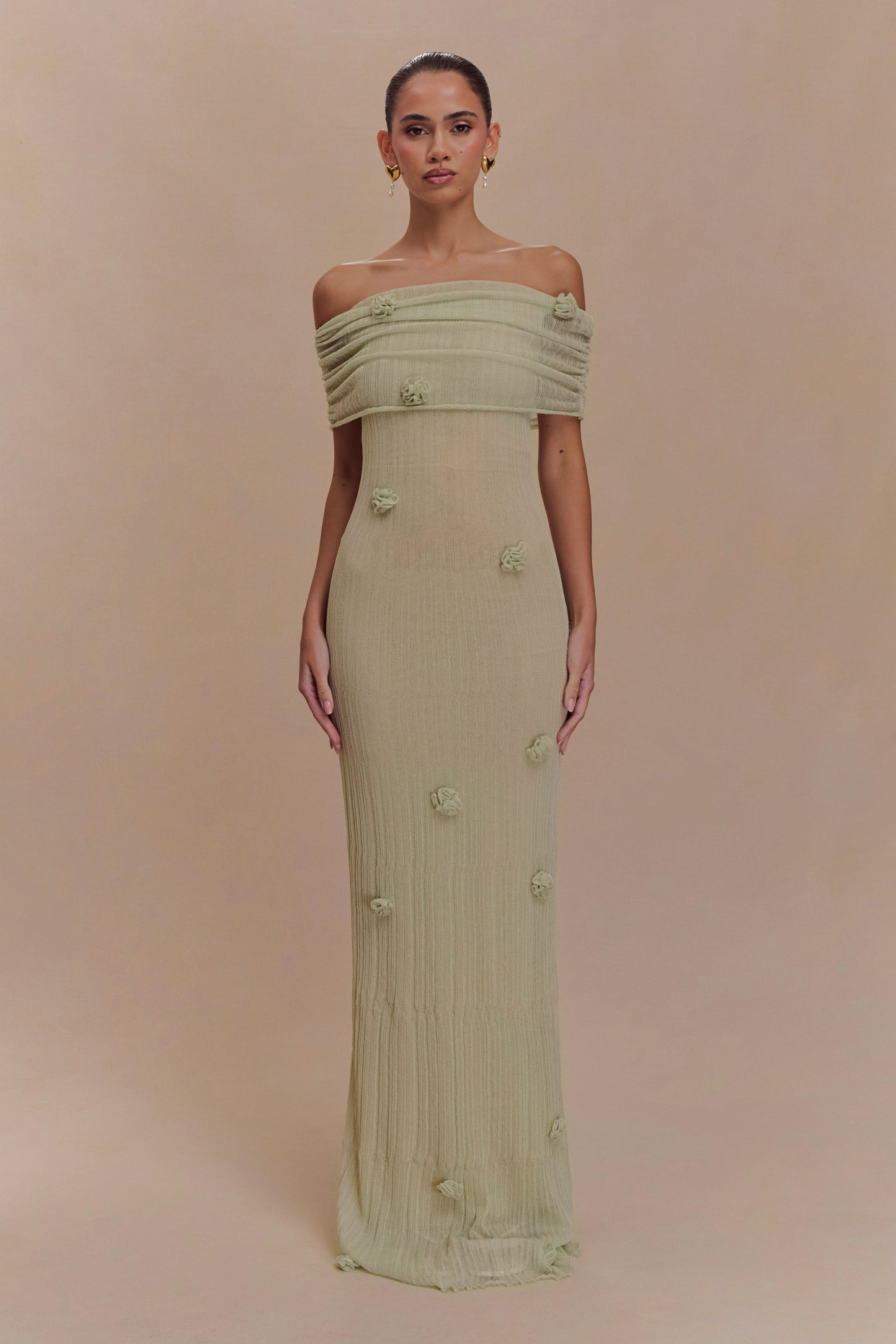 Brynn Orkide Örgü Maxi Elbise - Pastel Yeşil