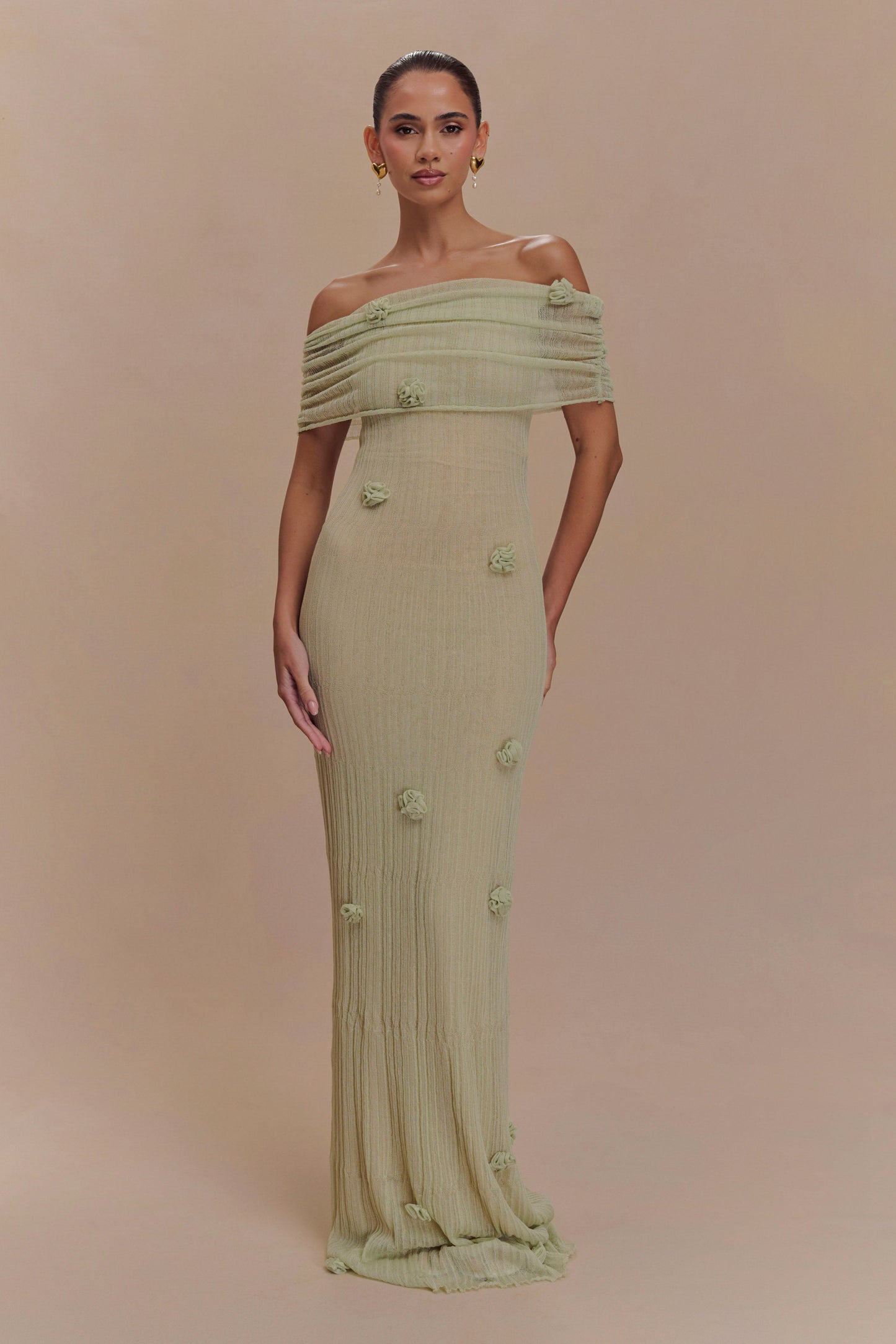 Brynn Orkide Örgü Maxi Elbise - Pastel Yeşil
