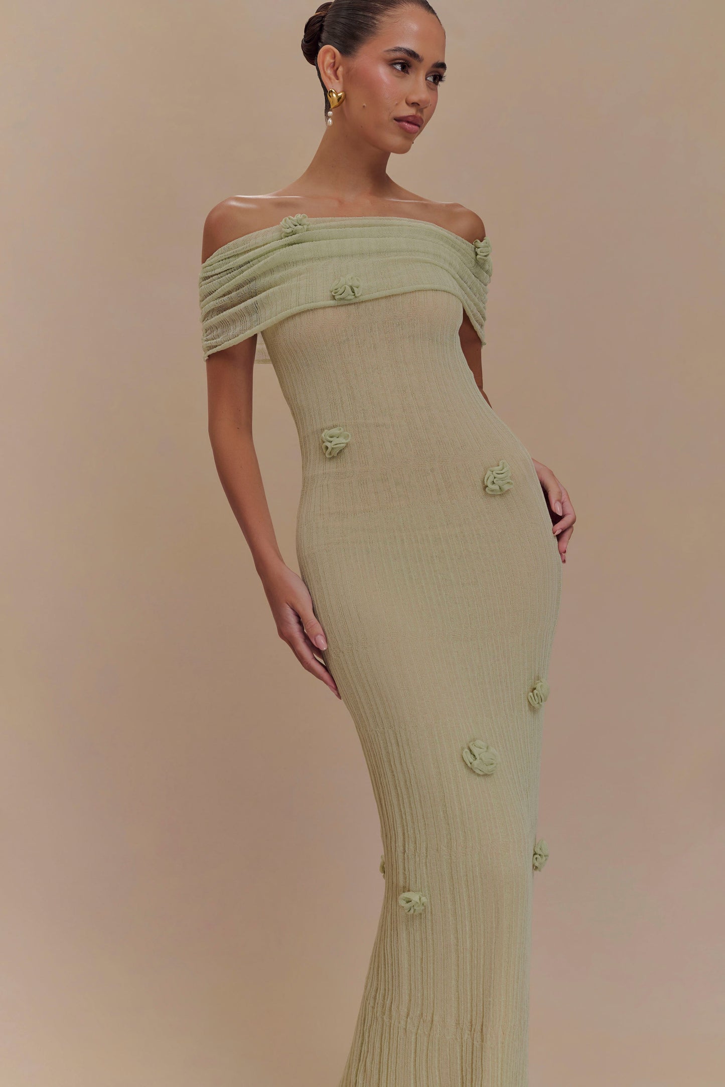 Brynn Orkide Örgü Maxi Elbise - Pastel Yeşil