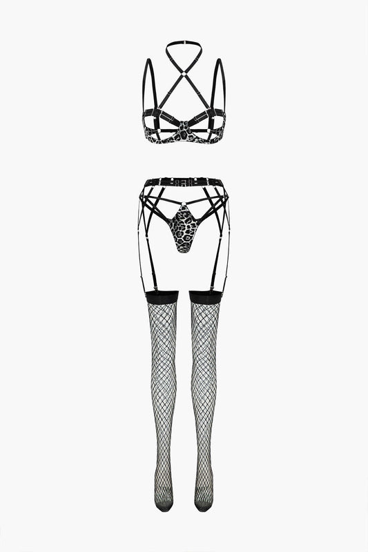 Leopar Desenli Sırt Dekolteli Kuşaklı İç Giyim Garter Seti