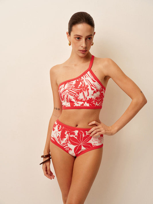Tek Omuzlu Tropikal Baskılı Bikini Takımı