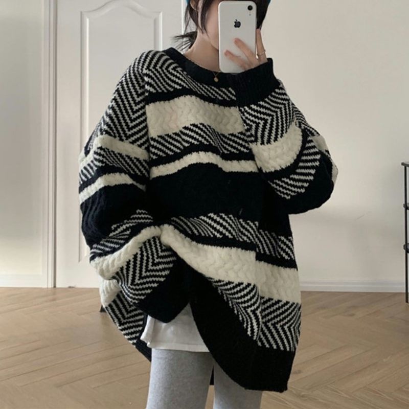 Çizgili Balıksırtı Oversize Triko Kazak