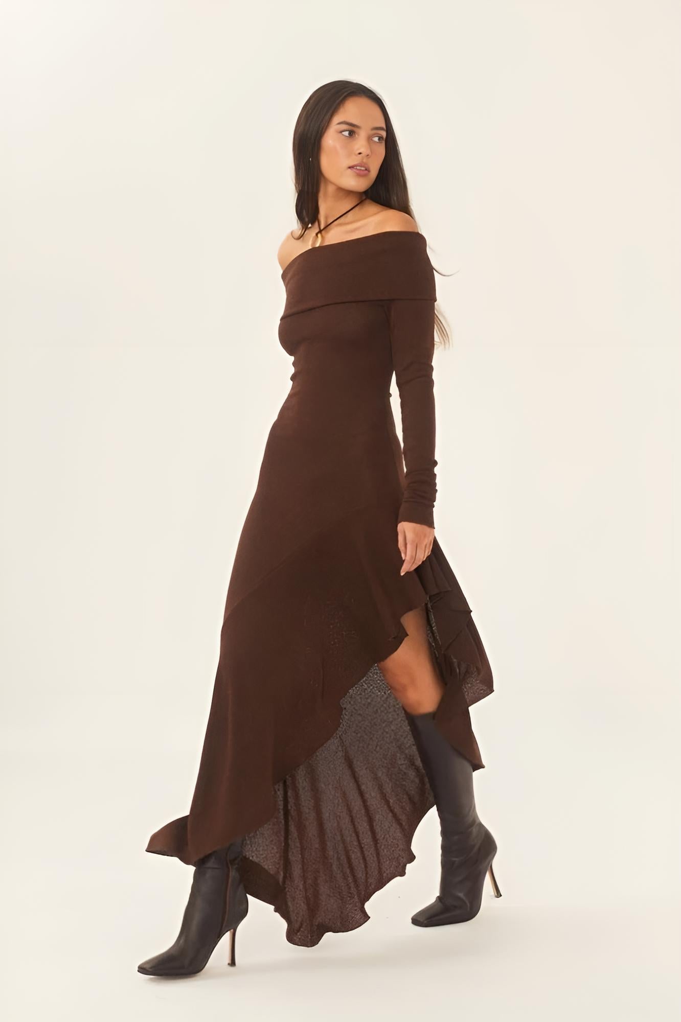 Alisa Omuz Açık Flare Midi Örgü Elbise ®