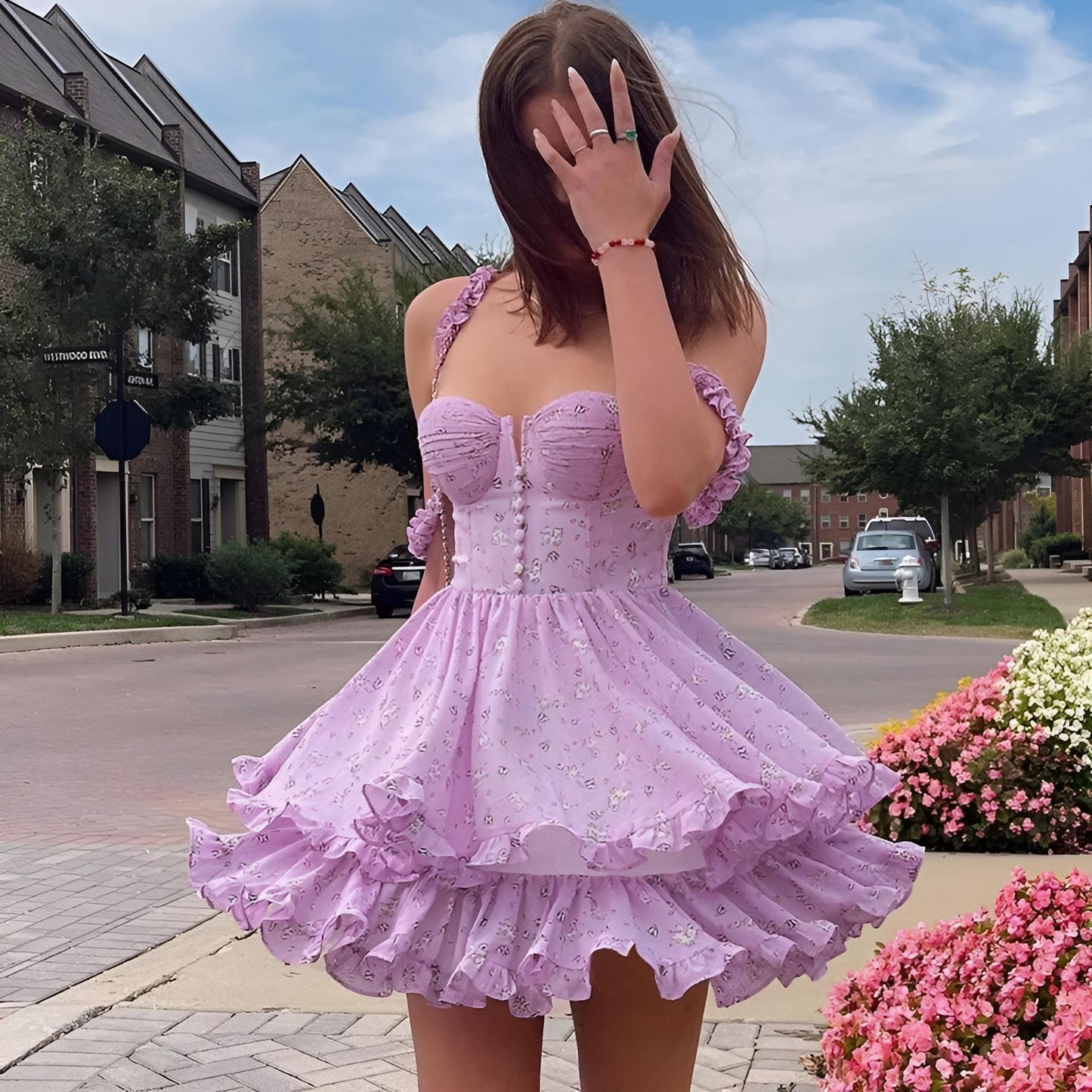Lilac Fırfırlı Çiçekli Elbise